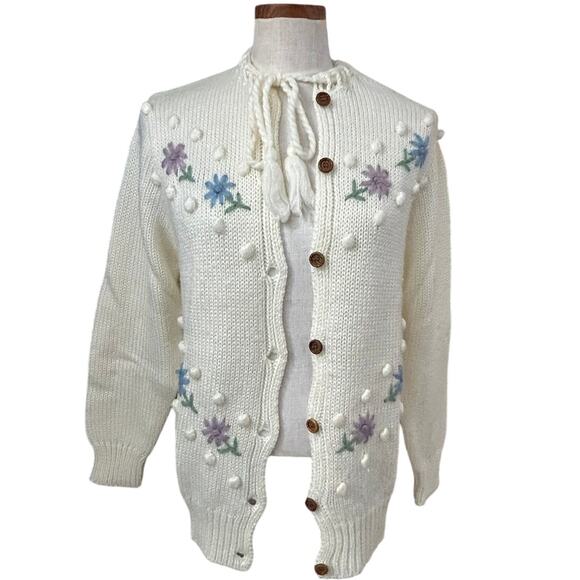 Vintage Floral Embroidered Cardigan Cream L/XL 3D Flowers Cottagecore Tie Neck - Picture 1 of 16